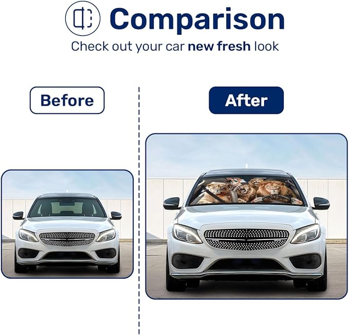 GENANY Lion Family Windshield Sun Shade for Car SUV Truck (55x30 Inches), Sun Shade Windshield, Shades for Front Windows, Protector Blocks UV, Spring Car Decor
