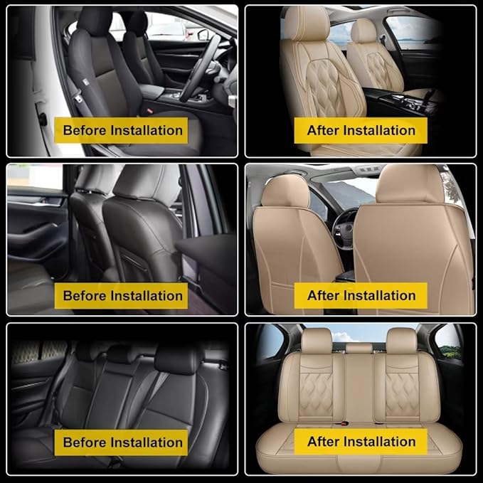 AOMSAZTO Car Seat Covers,Full Set 5 Seats Custom Fit for Ford Taurus 2002-2019,Leather Carseat Automotive Cushion Covers Seat Protector,Airbag Compatible Waterproof Beige