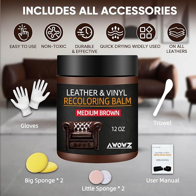 Leather Recoloring Balm - Scratch Repair & Color Restore Kit for Faded Leather, Leather Couch & Car Seats - 12OZ Leather Restorer Balm for Furniture, Auto Interior, Vinyl, Accessories (Medium Brown)