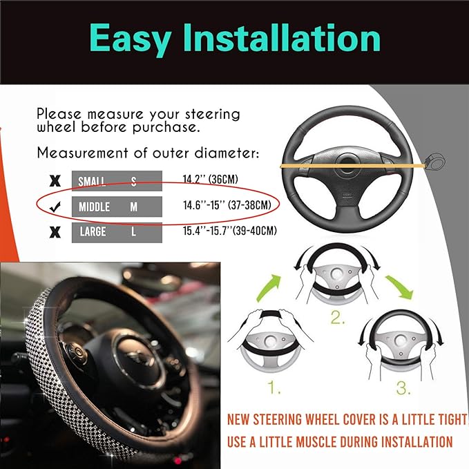 PINCTROT Bling Bling Comfy Steering Wheel Cover with Jumbo Crystal Rhinestones, Anti-Slip Diamond Leather, Universal 15 Inch (Black)