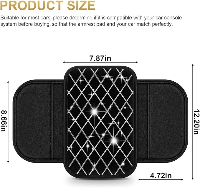 Bling Center Console Cover with 2 Side Pockets Fit for 4Runner Multi-Functional Car Armrest Cushion Diamond-Studded Rhombus Pattern Style(Black&Silver Diamond)