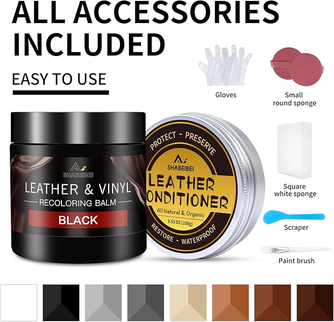 Leather Recoloring Balm with 100ml Mink Oil, Black Leather Repair Kit and Scratch Remover for Furniture, Car Seats, Sofas, Dye & Restorer for Couches, Vinyl, PU, Faux
