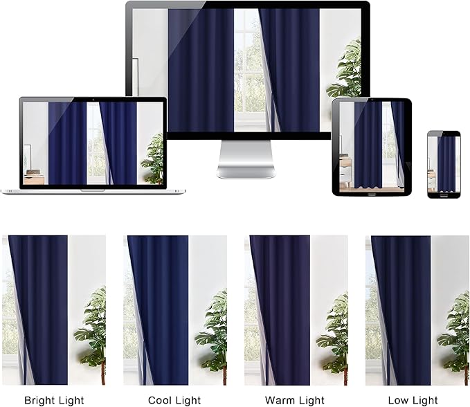 XWZO Full Shading Blackout Curtains 84 Inches Long with Tiebacks- Heat and Light Blocking Ring Top Window Drapes with Black Liner Backing for Bedroom/Kid's Room, Navy Blue, W52 x L84, Set of 2
