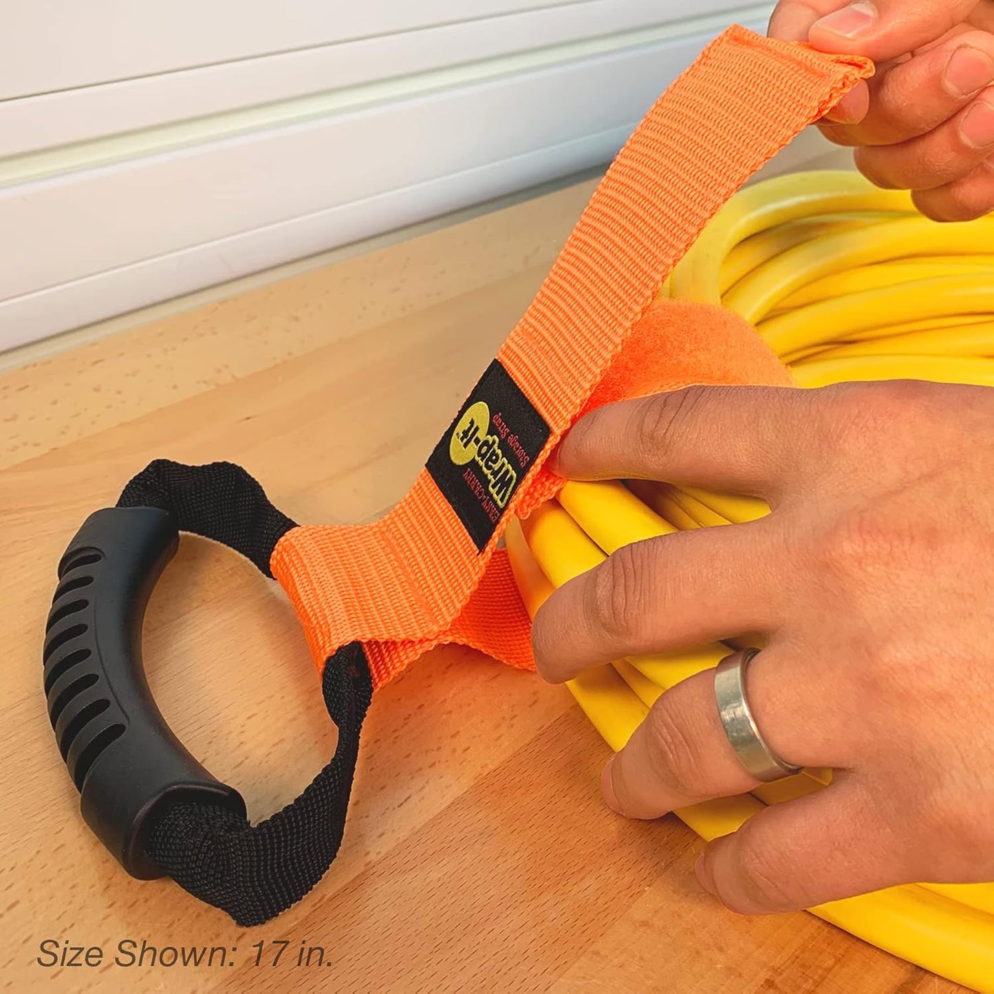 Easy-Carry Wrap-It Storage Straps - 17” (2-Pack) Blaze Orange – Heavy-Duty Hook and Loop Cord Carrying Strap, Hanger, and Organizer with Handle for Pool Hoses, Garden Hoses, Cords, Cables and More