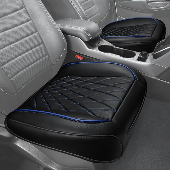 CAR PASS 2 Pack Leather Front Car Seat Covers, Bottom Seat Covers Full Wrapped with Storage Pocket, Anti-Slip PU Seat Protectors,Waterproof Seat Cushion Pad Universal Fit Sedan SUV Truck, Black/Blue