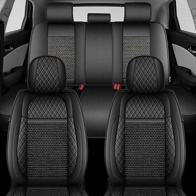 TTX LIGHTING for Cadillac SRX 2010-2016 Car Seat Covers, Breathable Ice Silk & Leather Seat Protector, Cool & Anti-Sweat for Long Driving, Airbag Compatible, 5 Seats Full Set (Black)