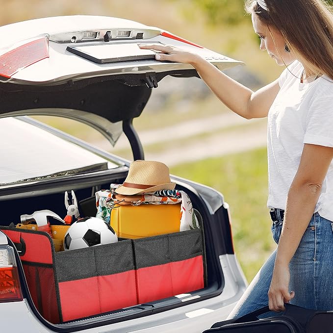 YSSOA 2 Compartments Car Trunk Organizer, 600D Waterproof Oxford Polyester Car Storage, Anti-slip 14" D x 22" W x 12" H Collapsible Trunk Storage, Suitable for SUV, Minivan, Truck, Red