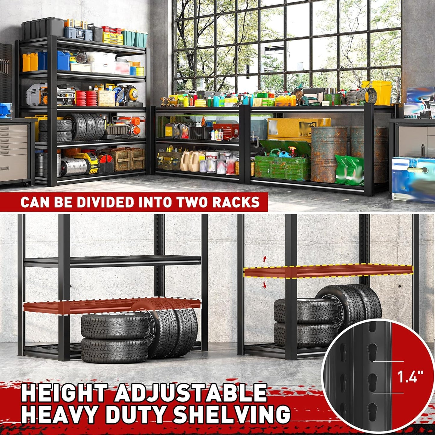 REIBII Garage Shelving 3000LBS, Heavy Duty Storage Shelves, Adjustable Industrial Metal Shelving Unit for Garage, Basement, Pantry, Warehouse,Commercial, 36" W x 16" D x 72" H, 3 Pack