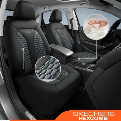 Skechers Memory Foam™ Car Seat Cover Full Sets, Hexcomb Breathable Thick Seat Covers, Airbag Compatible, Automotive Comfort & Protection Universal for 95% Cars,Van,Trucks, SUVs Grey