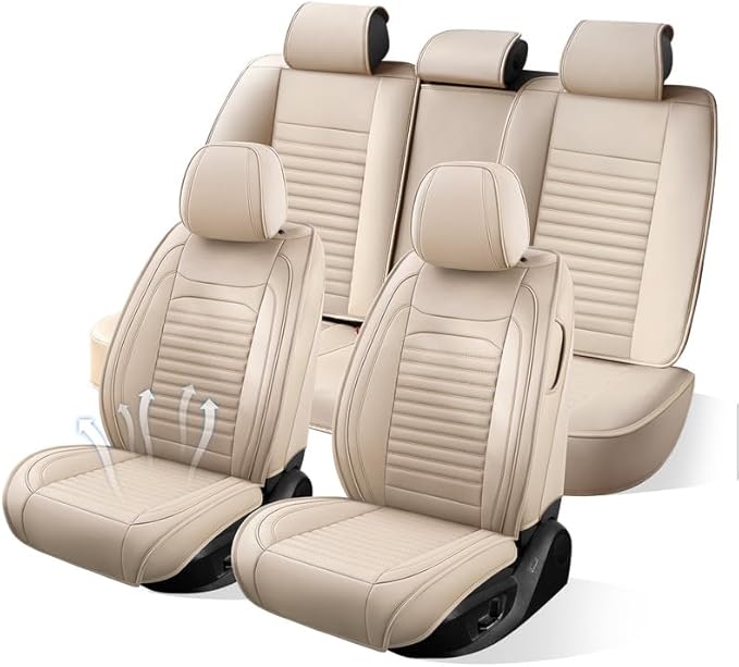 Car Seat Covers Full Set Fit for Toyota Matrix 2003-2014, Premium Faux Leather Car Seat Protector,Breathable Anti-Slip Full Wrapping Edge Seat Covers(Beige,Full Set)
