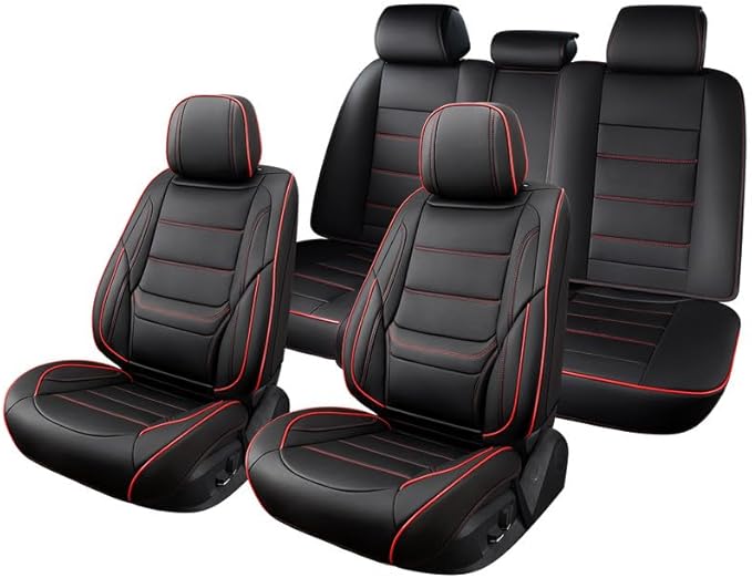 Car Seat Covers Full Set Custom Fit for Ford Fusion 2007-2020-Luxury Leather with Lumbar Support, Breathable, Waterproof, Anti-Slip, Durable, Easy to Install (Black&Red,Full Set)