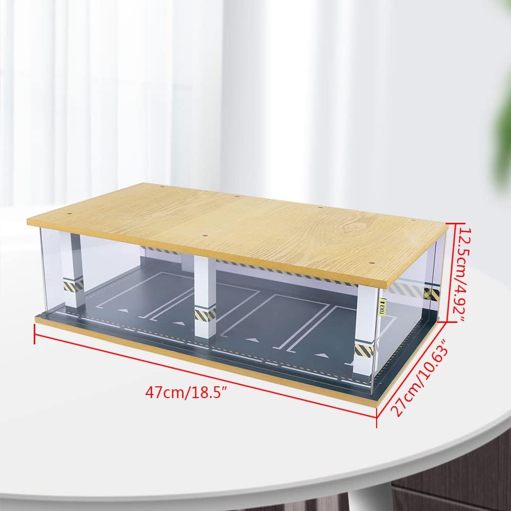 1/24 Parking Garage Model Car Garage Display Case with Clear Acrylic Cover and LED Lighting Toy Car Storage Tabletop Showcase for Boy Kids Home Toy Stores