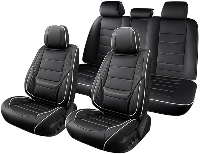 Car Seat Covers Full Set Custom Fit for Saturn Aura 2006-2009-Luxury Leather with Lumbar Support, Breathable, Waterproof, Anti-Slip, Durable, Easy to Install (Black&White,Full Set)