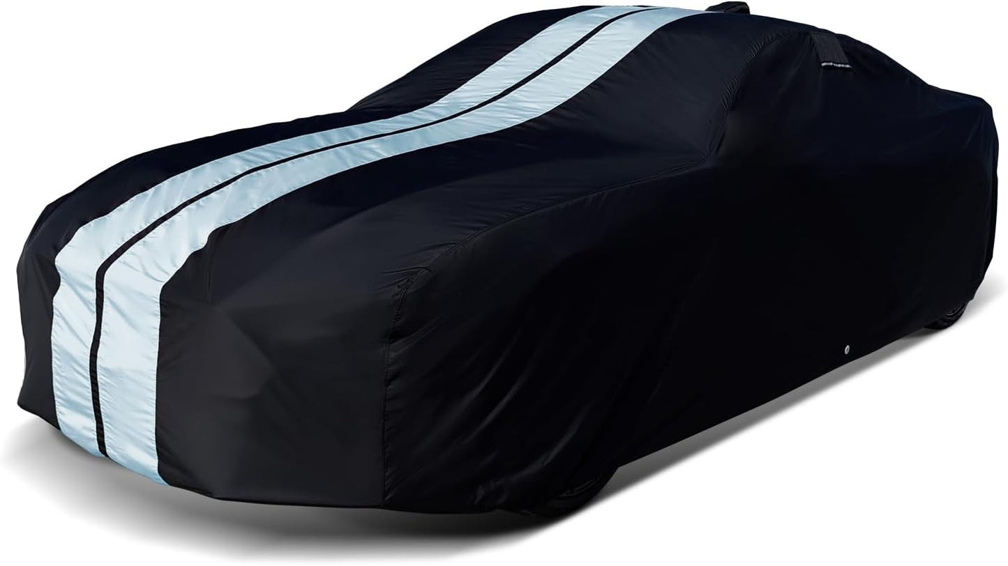 iCarCover Custom Car Cover for Pontiac GTO (1974) Waterproof All-Weather Rain Snow UV Sun Protector Full Exterior Indoor Outdoor Car Cover (Stripe - Black/Gray)