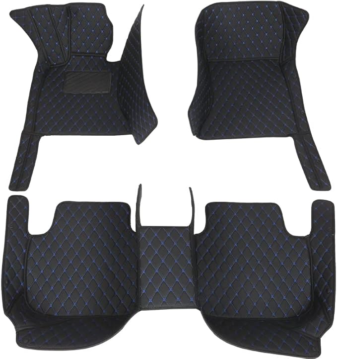 Custom Floor Mats for Cars fit 95% Sedan SUV Sports Car Full Coverage All Weather Men Women Pads Protection Non-Slip Leather Floor Liners (Black with Blue Stitching)