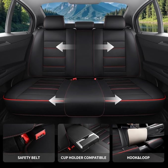 Car Seat Covers Full Set Custom Fit for Ford Focus 2000-2018-Luxury Leather with Lumbar Support, Breathable, Waterproof, Anti-Slip, Durable, Easy to Install (Black&Red,Full Set)