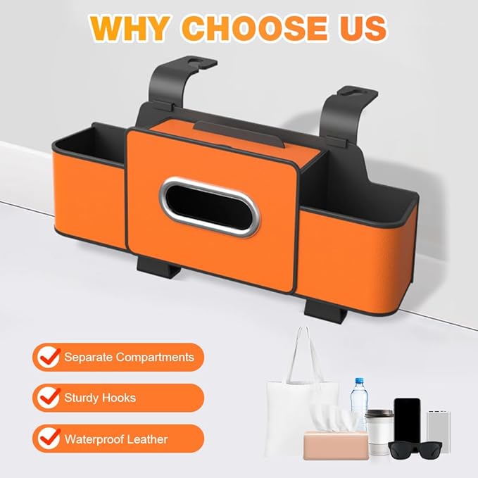 3-in-1 Car Backseat Organizer with Cup Holder, Tissue Box, Trash Bin & Hooks,Multifunctional Back Seat Car Organizer for Hold Phones,Snacks,Drinks,and Handbags (Orange)