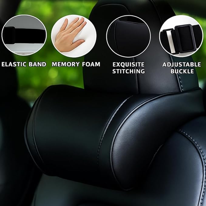Car Headrest Neck Pillow Support Memory Foam Ergonomic Design Accessory for Driving Seat Fatigue Relief Compatible with Model S X 3 Y & Cybertruck - 1 Piece