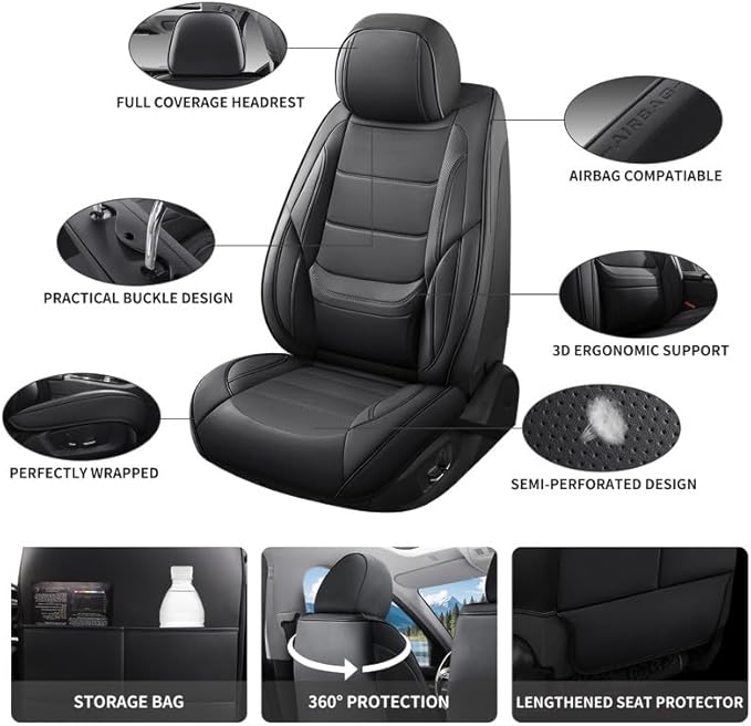 Car Seat Covers Full Set Fit for Buick Century 1997-2005, Premium Faux Leather Waterproof Car Seat Protectors with Lumbar Support, Breathable Anti-Slip Easy to Install(Black,Full Set)