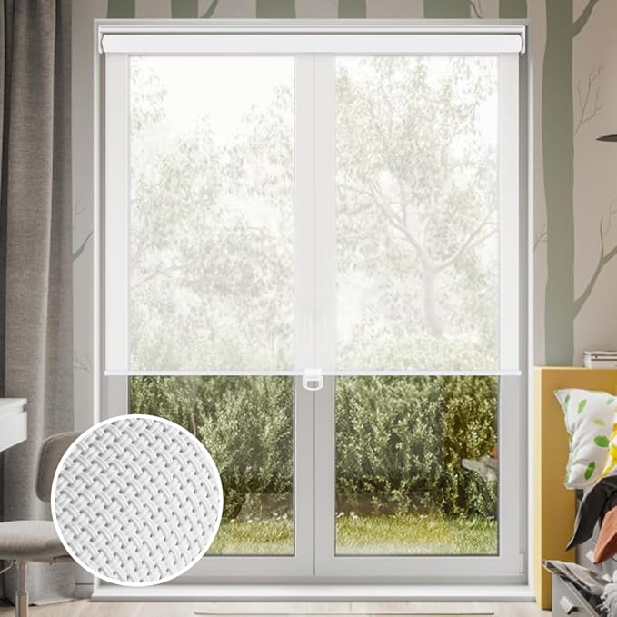 LUCKUP Light Filtering Roller Shades for Windows, Cordless Semi Sheer Solar Blinds with 5% Openness Free-Stop Window Shades for Home & Office, White 28" W x 72" L