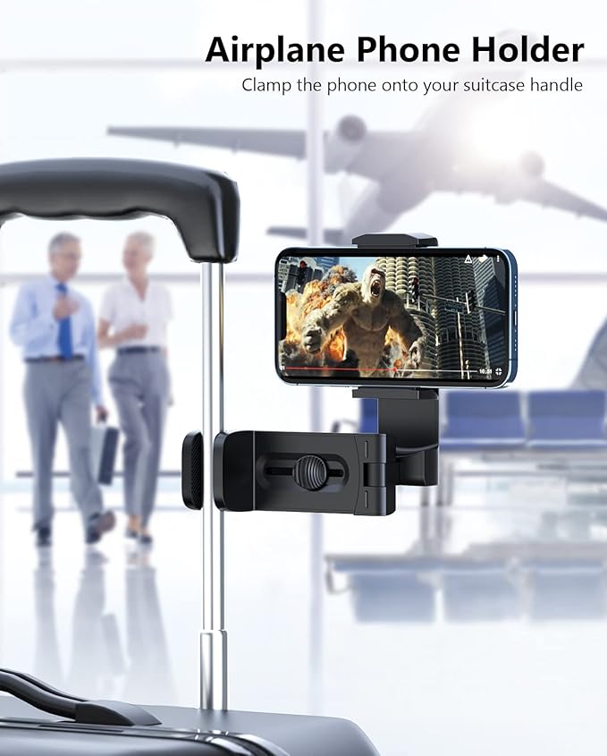 MiiKARE Travel Essentials Airplane Phone Holder, Universal Handsfree Phone Mount for Flying with 360 Degree Rotation, Travel Must Haves Phone Stand for Desk, Tray Table, Black&Black&Black