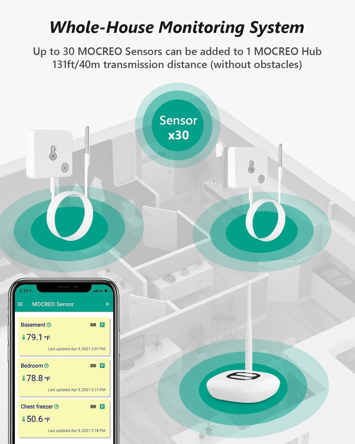 WiFi Thermometer Freezer Alarm, Email Alert, App Notification, Data Record Export, No Subscription Fee, 2 Remote Wireless Temperature Sensors for Refrigerator, Freezer, Hot Tub