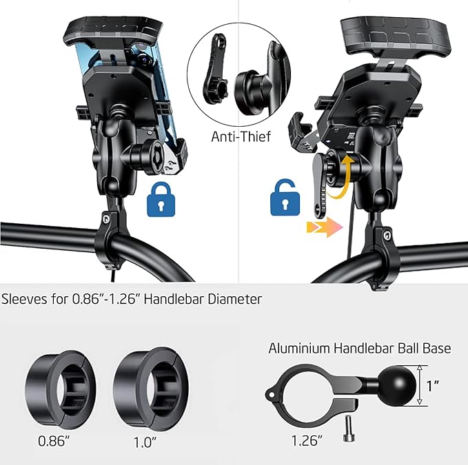 iMESTOU Anti-Theft Motorcycle Wireless Phone Mount Charger 15W & USB C 3A Handlebar 1" Ball Phone Holder Works with 12V/24V Vehicle/USB A Socket 720 Rotation Quick Charge for 4.0-7.0" Cellphones