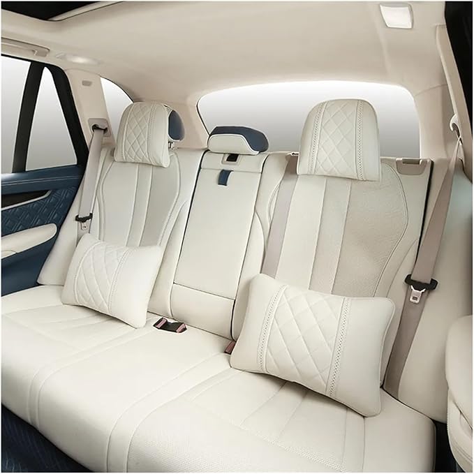Car seat headrest Leather Car Fit for Seat Rest Cushion Headrest Car Neck Pillow Fit for BMW (Color : Beige black-01)