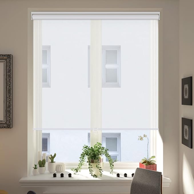 LUCKUP Light Filtering Roller Shades for Windows, Cordless Semi Sheer Solar Blinds with 5% Openness Free-Stop Window Shades for Home & Office, White 26" W x 72" L