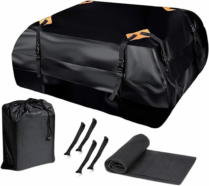 ZONETECH Car Roof Cargo Bag Water Resistant with a Protective Anti Slip Mat – 8 Reinforced Premium Quality Straps Rubberized Extra Cushioning Pad, Travel, Touring, Road Trips for Vehicle, SUV