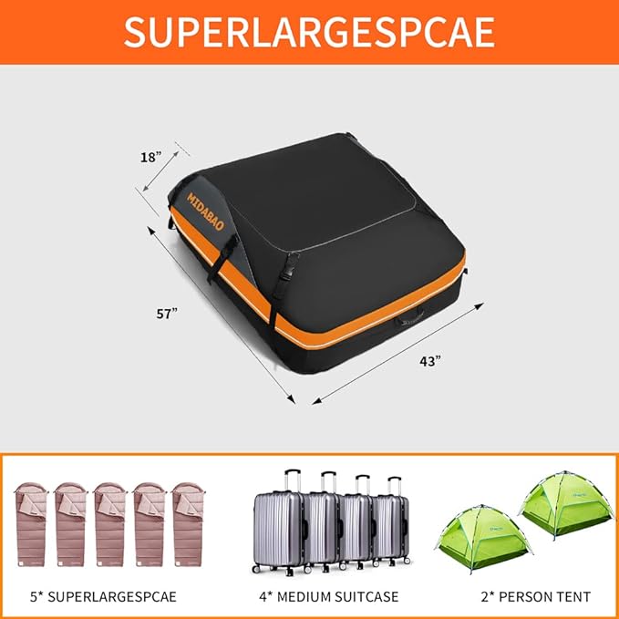 MIDABAO Thickened 20 Cubic Waterproof Duty Car Roof Top Carrier-Car Cargo Roof Bag Car Roof Top Carrier - Easy to Install Soft Rooftop Luggage Carriers with Wide Straps 20 Cubic Feet, ROB01