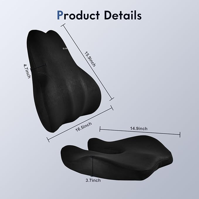 Coverado Memory Foam Car Seat Cushion and Lumbar Support Pillow for Car, Ergonomic Office Chair Cushion for Lower Back Pain Relief, Breathable & Non-Slip for Car, Home, and Office Use, Black