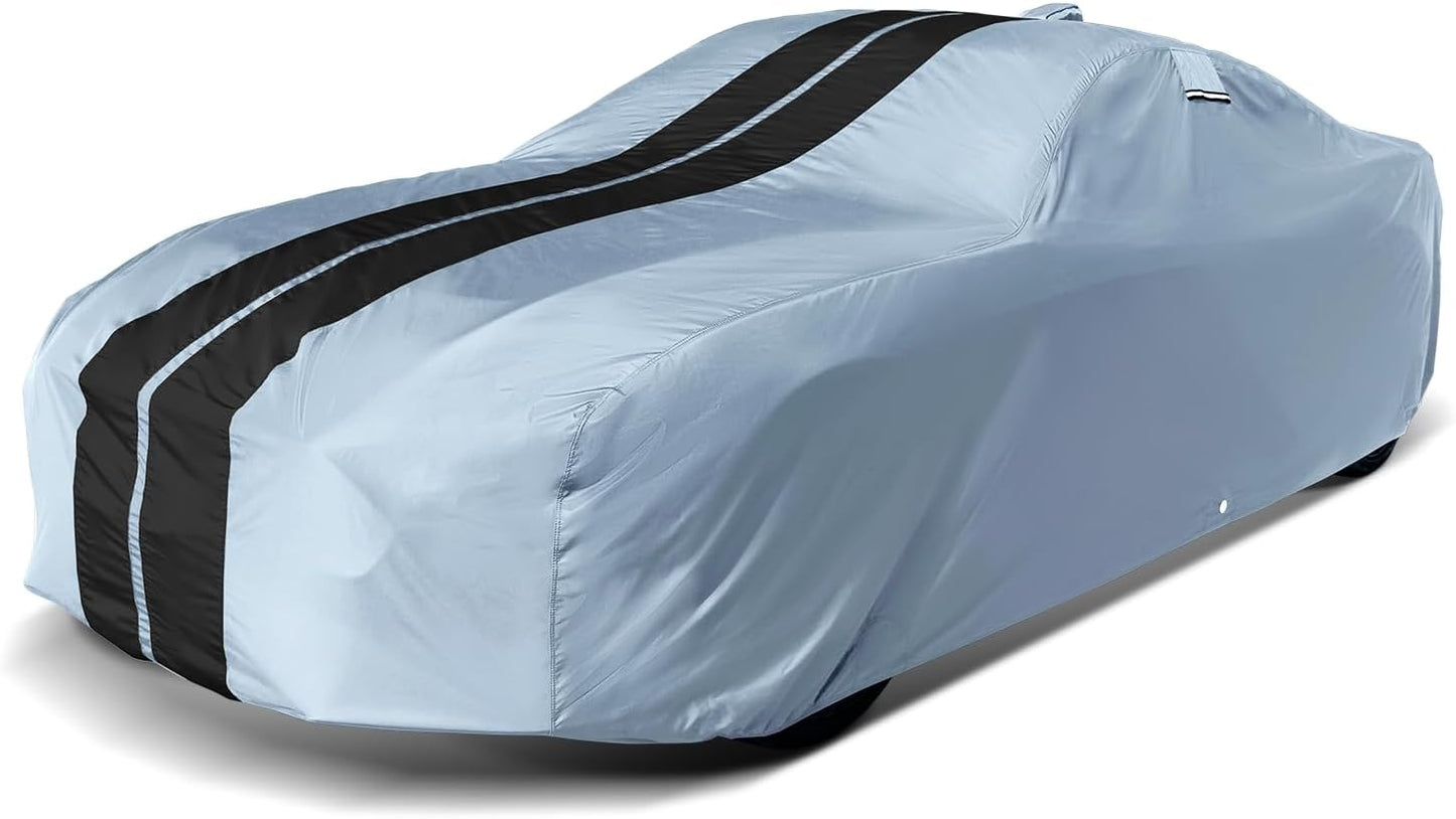iCarCover Custom Car Cover for Pontiac Lemans Hatchback (1988-1993) Waterproof All-Weather Rain Snow UV Sun Protector Full Exterior Indoor Outdoor Car Cover (Stripe - Gray/Black)