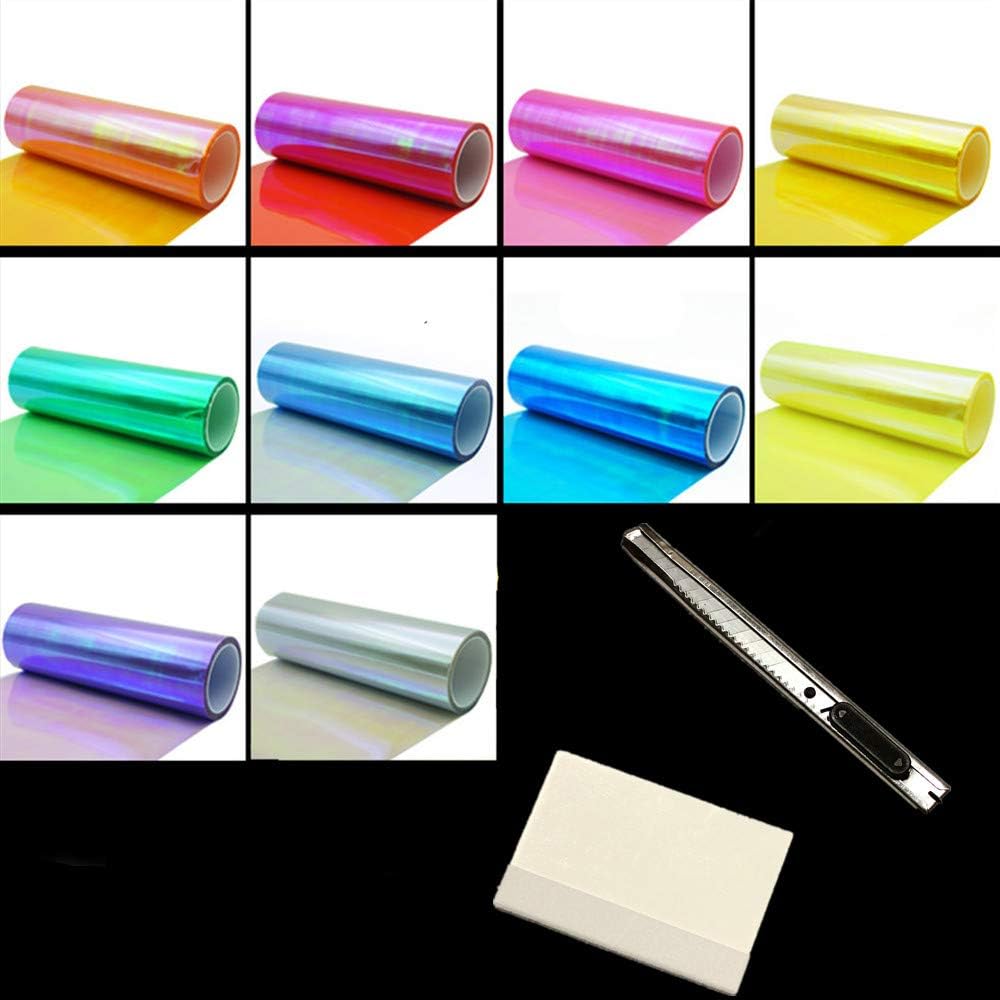 LED LIGHT 12 by 48 inches Self Adhesive Shiny Chameleon Headlights Tail Lights Fog Lights Films,Film Sheet Sticker,Tint Vinyl Film with Gift Knife and Hand Tool (Fluorescence Yellow)