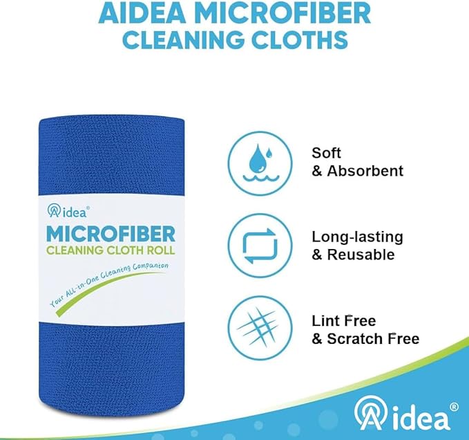 AIDEA Microfiber Cleaning Cloth Roll, Shop Towels 55 Sheets Washable, Microfiber Towels for Cars, Shop Rags Reusable Paper Towel for Automotive, House, Kitchen, Cleaning Supplies 11×9", Dark Blue