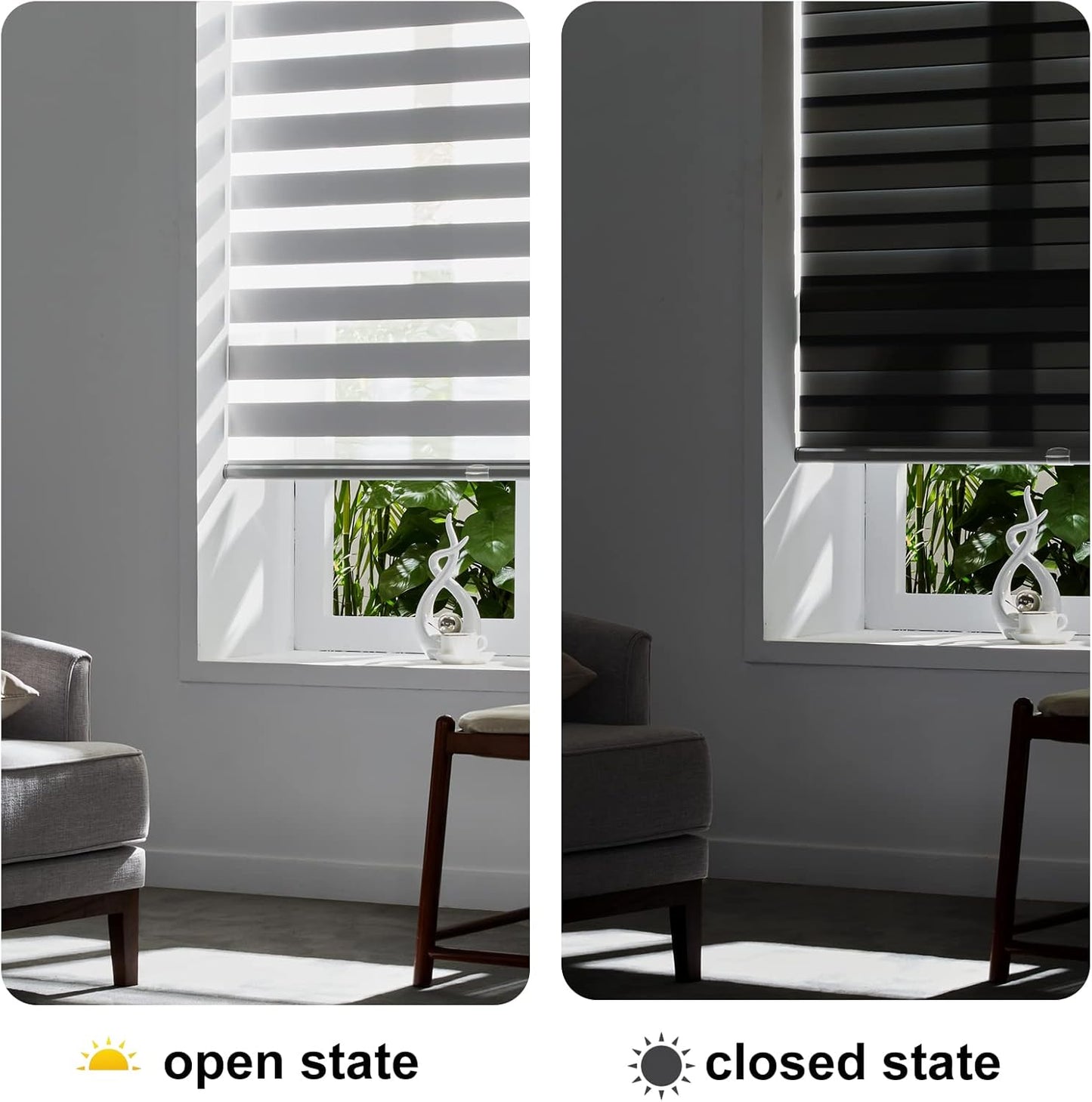 Persilux Cordless Zebra Blinds for Windows Free-Stop Roller Window Shades (47" W X 64" H, Grey) Dual Layer Light Control for Day and Night, Light Filtering Sheer Shades for Home, Easy to Install