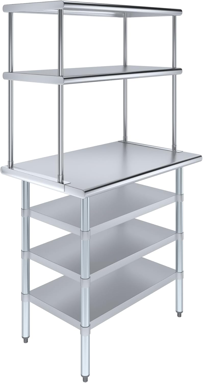 Amgood 24" x 36" Stainless Steel Work Table with 3 Shelves and 18" Wide Double Tier Overshelf | Metal Kitchen Prep Table & Shelving Combo | NSF