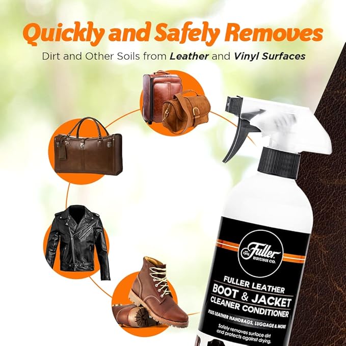 Fuller Brush Leather Boot and Jacket Cleaner Conditioner - Natural Oil Formula for Leather, Vinyl, Backpacks & Luggage - Removes Dirt, Dust, and Grime - Bottle with Sprayer