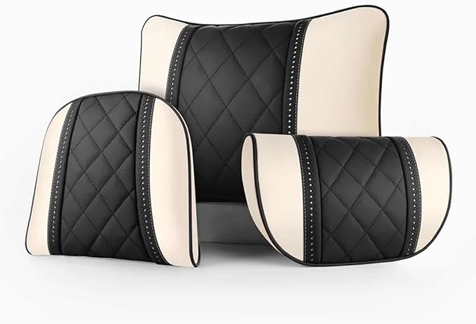 Car seat headrest Leather Car Fit for Seat Rest Cushion Headrest Car Neck Pillow Fit for BMW (Color : Beige-01)