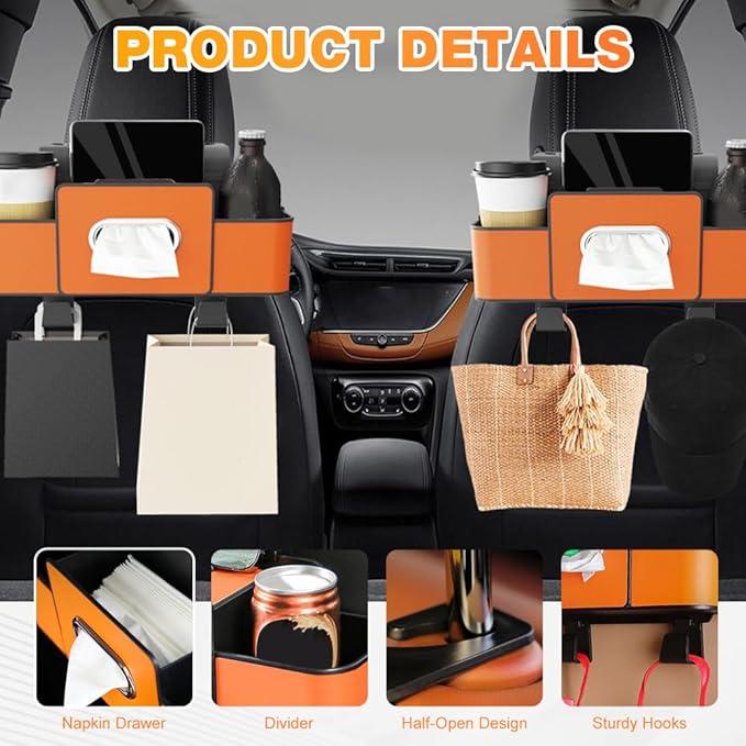 Back Seat Car Organizer,3 in 1 Car Backseat Storage Box with Cup Holder,Tissue Box,Trash Bin&Hooks,Multifunctional Waterproof Storage for Hold Phones Snacks Drinks Handbags (2, White)