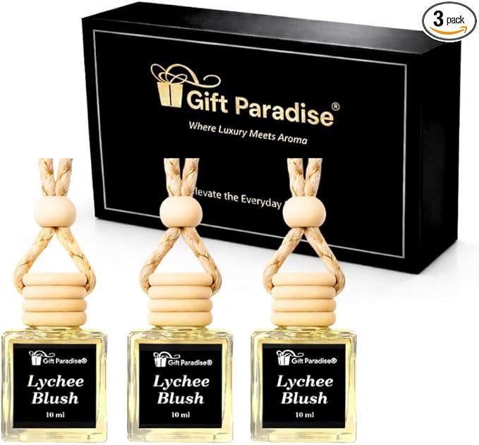 Lychee Blush Car Air Freshener Set of 3 (10 ml Each), Hanging Diffuser Bottles with Wooden Cap, Exotic Fruity Floral Blossom Scent for Car, Home & Closet, Magnetic Gift Box