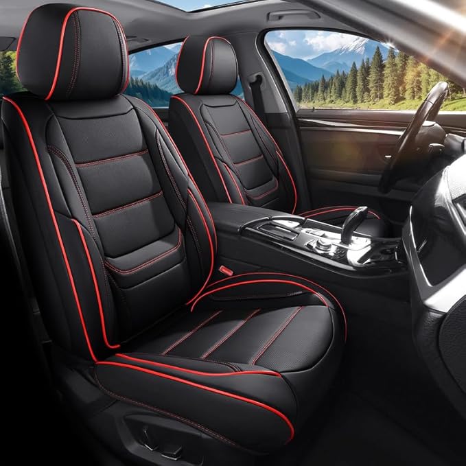 Car Seat Covers Full Set Custom Fit for Mercury Mountaineer 1997-2010-Luxury Leather with Lumbar Support, Breathable, Waterproof, Anti-Slip, Durable, Easy to Install (Black&Red,Full Set)