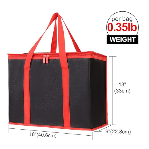 Bodaon 2-Pack Insulated Reusable Grocery Shopping Bags, X-Large Picnic Cooler Bag with Zipper Zippered Top Cold, Black with Red Edge