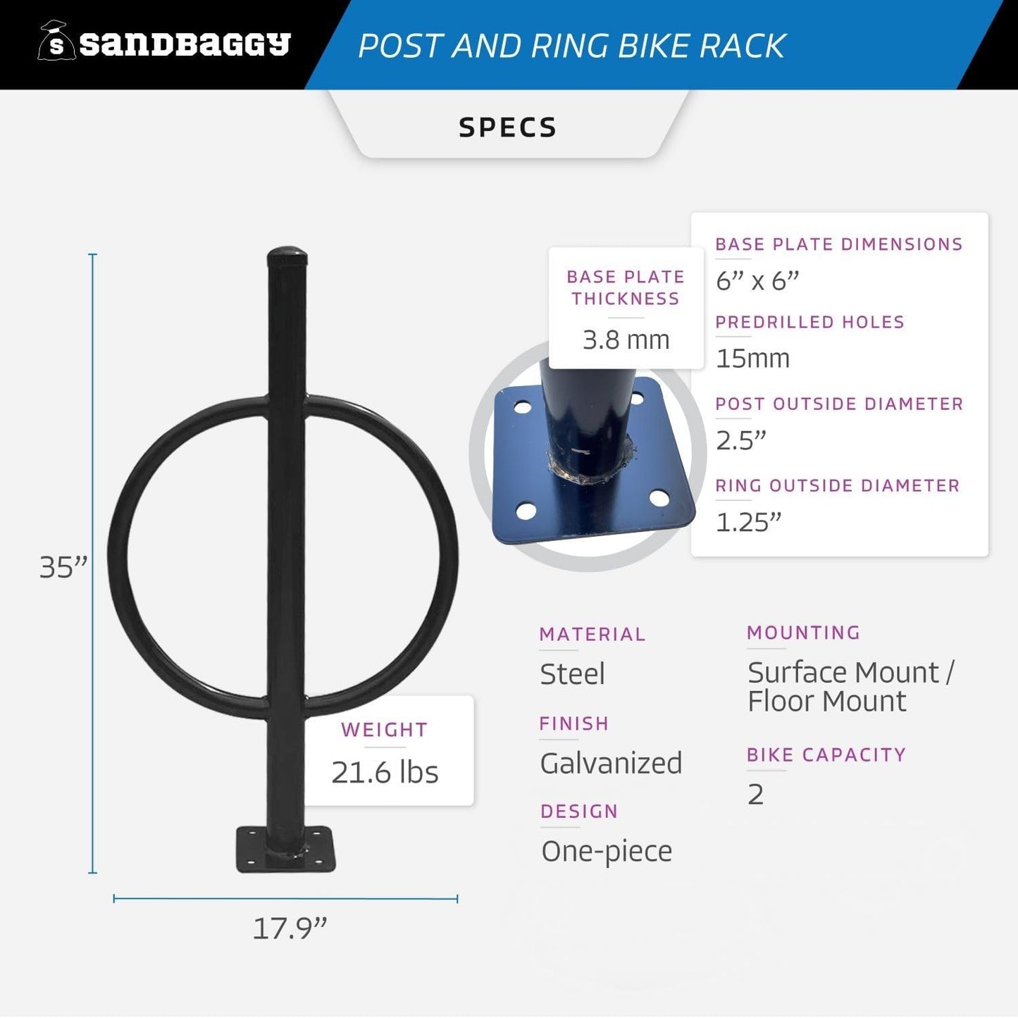 Sandbaggy Post and Ring Bike Rack - Commercial Bike Racks - Galvanized Steel - Anti-Theft Design - In Ground, Apartments, Sidewalks, Industrial (Red, 10)