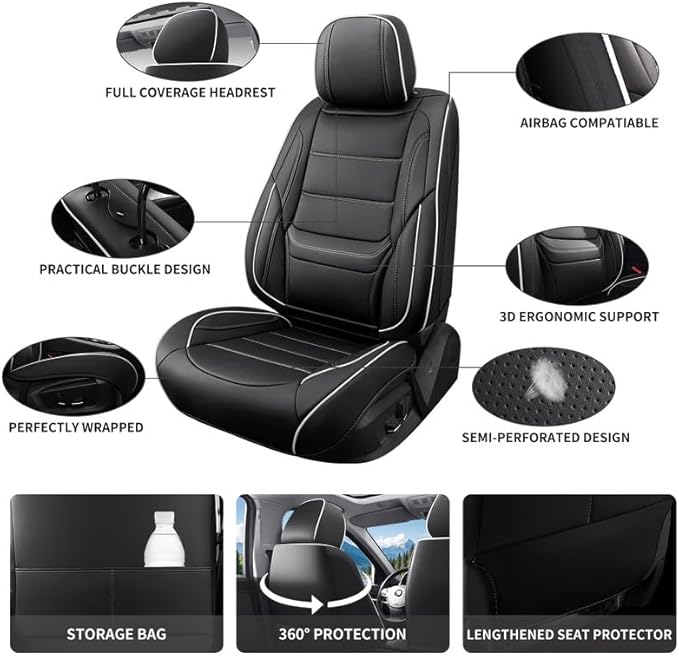 Car Seat Covers Full Set Custom Fit for Buick Century 1997-2005-Luxury Leather with Lumbar Support, Breathable, Waterproof, Anti-Slip, Durable, Easy to Install (Black&White,Full Set)