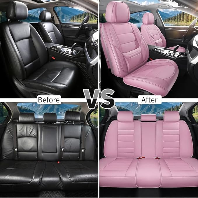 Car Seat Covers Full Set Custom Fit for Chevy Malibu 2000-2025 - Luxury Leather with Lumbar Support, Breathable, Waterproof, Anti-Slip, Durable, Easy to Install (Pink, Full Set)