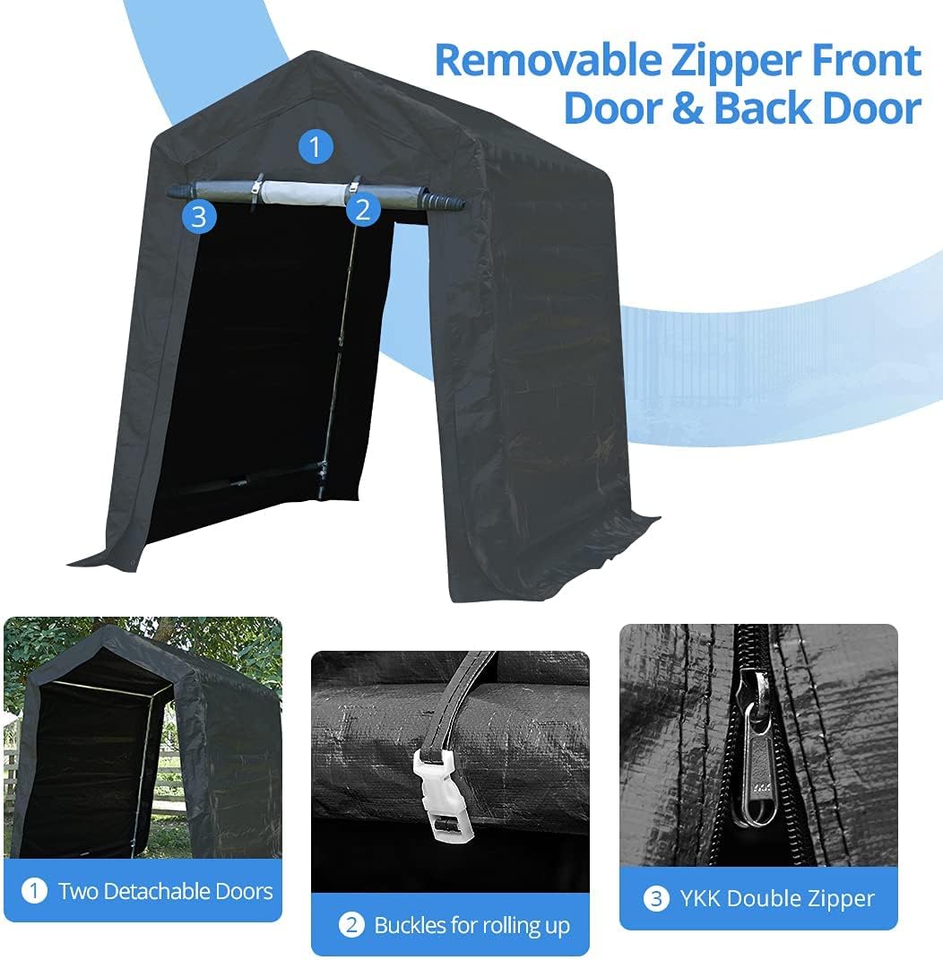 ADVANCE OUTDOOR 6X8 ft Outdoor Portable Storage Shelter Shed with 2 Rolled up Zipper Doors & Vents Carport for Motorcycle Waterproof and UV Resistant Portable Garage Kit Tent, Gray