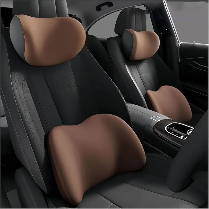 Car Lumbar Support Pillow and Car Neck Pillow Kit for Ford Bronco Sport 2021 2022 2023 2024 2025 2026, Car Seat Neck Back Rest Pillows, Ergonomic Car Seat Headrest & Lumbar Cushion,C Coffee