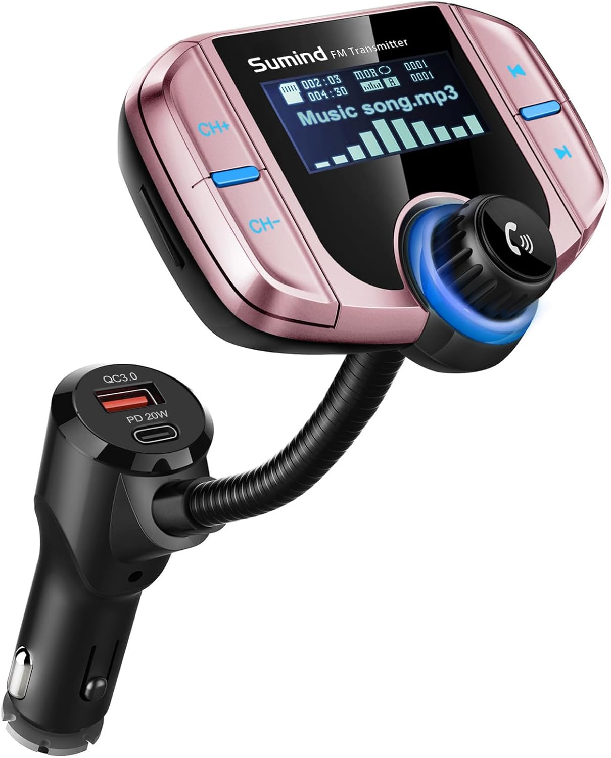 Upgraded Bluetooth FM Transmitter, Wireless Radio Adapter Hands Free Car Kit with 1.7'' Display, QC3.0 and Smart 2.4Amp Dual USB Ports, AUX Input/Output, TF Card Mp3 Player (PD, Rose Gold)
