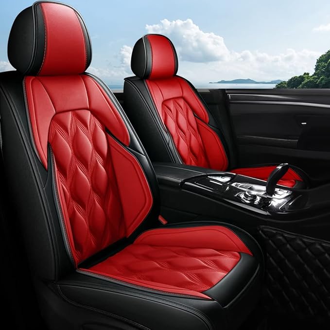 AOMSAZTO Front Seat Covers Fit for Volkswagen Jetta 2008-2026 Waterproof Faux Leather Car Seat Cover Compatible with Airbag(2PCS Front, Black&Red)